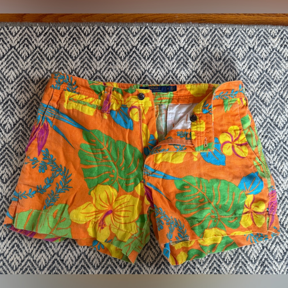 Polo Ralph Lauren Floral Linen Vintage Shorts Size 6 Orange Resort Tropical - Picture 7 of 7